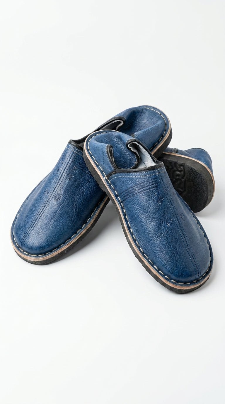 Babouches Marocaines Bleu Indigo | Cuir Véritable Homme - YaMiriam