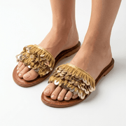 Mules Bohèmes en Cuir et Franges avec Sequins Dorés - Fait Main Maroc - YaMiriam