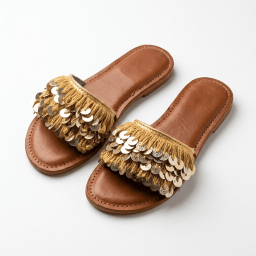 Mules Bohèmes en Cuir et Franges avec Sequins Dorés - Fait Main Maroc - YaMiriam