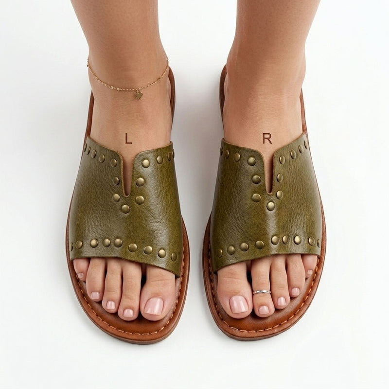 Mules en Cuir Vert Olive Cloutées pour Femme - Style Unique - YaMiriam
