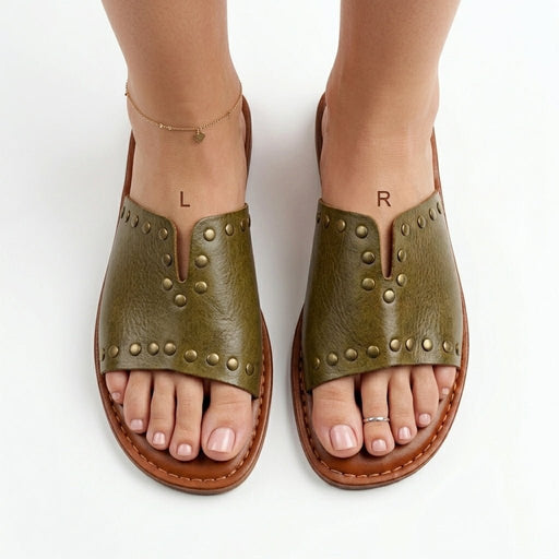 Mules en Cuir Vert Olive Cloutées pour Femme - Style Unique - YaMiriam