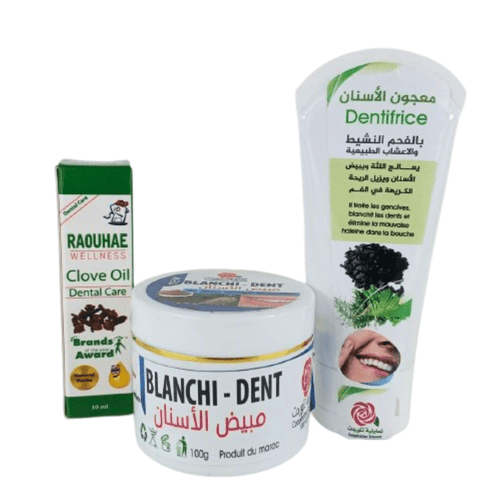 Pack blanchiment dentaire : dentifrice, poudre, huile