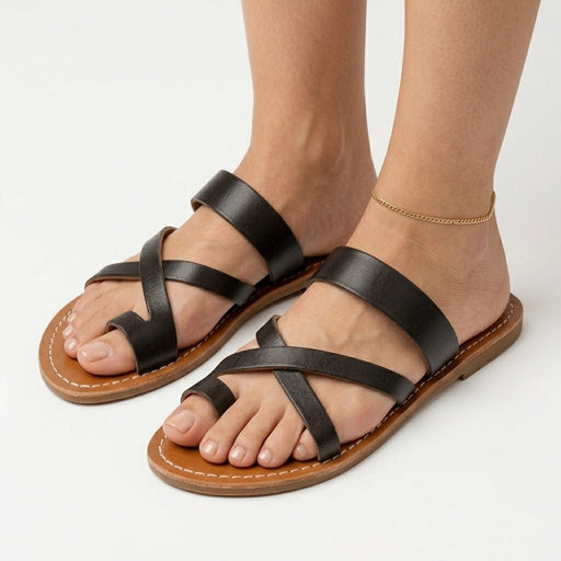 Sandales Berbères en Cuir Noir Cuir Idrissi - Style Croisé - YaMiriam