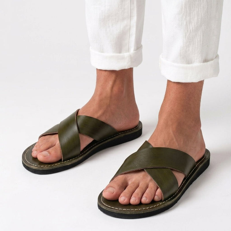 Sandales Cuir Vert Olive & Chibi Homme - Style Croisé