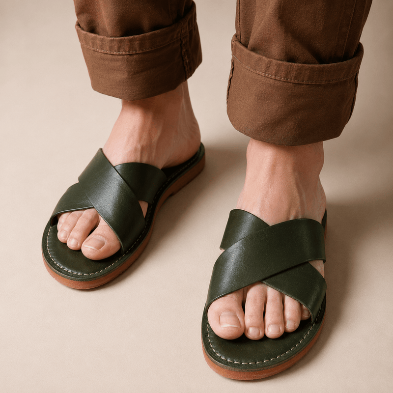 Sandales Cuir Vert Olive & Chibi Homme - Style Croisé - YaMiriam