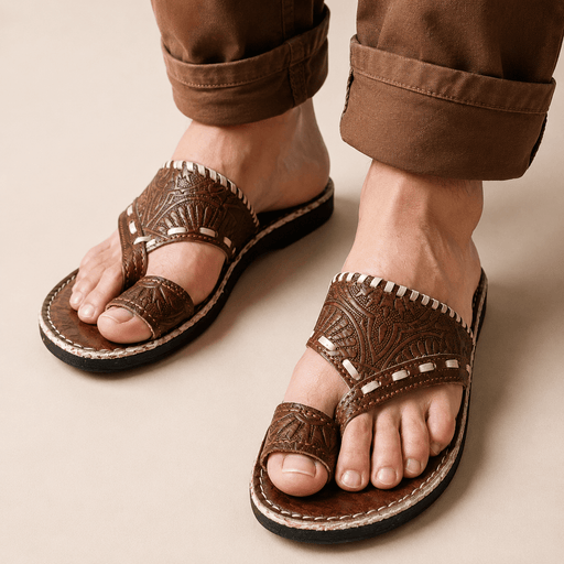 Sandales Marocaines Homme en Cuir Véritable Noir | Sandales Artisanales Fait Main | Entredoigt avec Motifs Floraux | Cuir Pleine Fleur – Yamiriam - YaMiriam