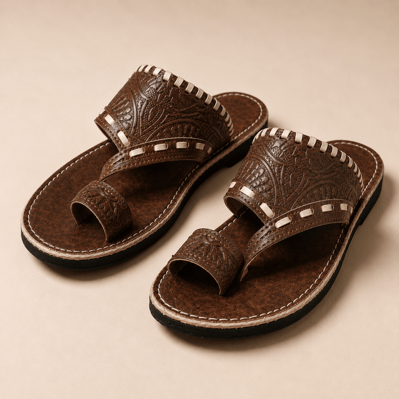 Sandales Marocaines Homme en Cuir Véritable Noir | Sandales Artisanales Fait Main | Entredoigt avec Motifs Floraux | Cuir Pleine Fleur – Yamiriam - YaMiriam