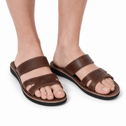 Sandales Ouvertes Homme en Cuir Véritable Marron | Double Bride Artisanale | Fait Main au Maroc – Yamiriam - YaMiriam
