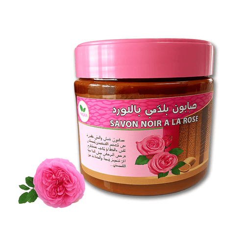 Beldi schwarze Seife Peeling mit Rose 200 g | Beldi-Seife aus Marokko 